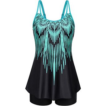Abstract Print 2 pc Tankini Set, A-Line Swim Top with Swim Shorts for Women