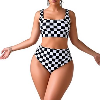 Checkered 2 pc Tankini Set, High Waist Bikini with Square Neck Top for Women
