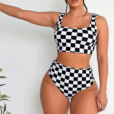 Checkered 2 Piece Tankini Set, High Waist Bikini with Square Neck Top for Women