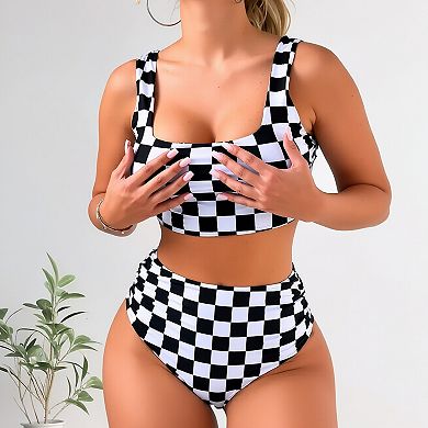 Checkered 2 Piece Tankini Set, High Waist Bikini with Square Neck Top for Women
