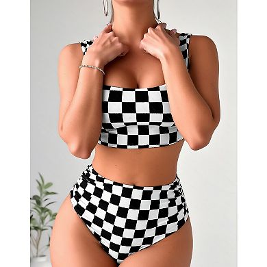 Checkered 2 Piece Tankini Set, High Waist Bikini with Square Neck Top for Women