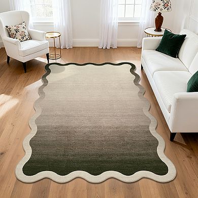 Scalloped Area Rug Washable Modern Carpet with Non-Slip Backing, Decorative Ombre Floor Rug