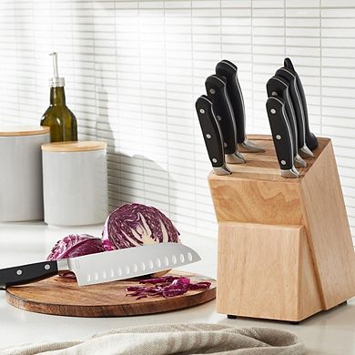 9-Piece High-Carbon Stainless Steel Kitchen Knife Set with Pine Wood Block Ergonomic Handles