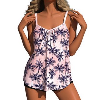 Women's 2 pc Palm Print Tankini Swimsuit with Boyshorts, Tummy Control Bathing Suit