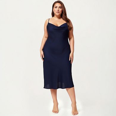 Women's Plus Size Satin Slip Nightgown with Adjustable Spaghetti Straps Midi Length Relaxed Fit