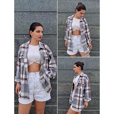 Zeagoo Women Long Sleeve Flannel Plaid Shacket Coat Drop Shoulder Boyfriend Comfy Jacket