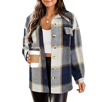 Zeagoo Women Long Sleeve Flannel Plaid Shacket Coat Drop Shoulder Boyfriend Comfy Jacket