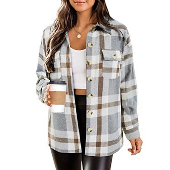 Zeagoo Women Long Sleeve Flannel Plaid Shacket Coat Drop Shoulder Boyfriend Comfy Jacket