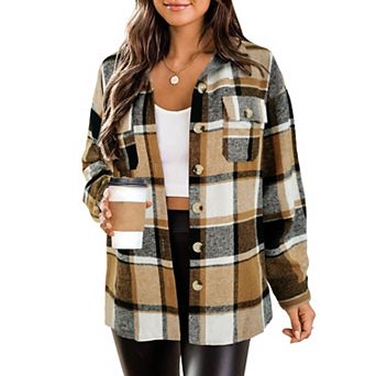 Zeagoo Women Long Sleeve Flannel Plaid Shacket Coat Drop Shoulder Boyfriend Comfy Jacket