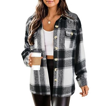 Zeagoo Women Long Sleeve Flannel Plaid Shacket Coat Drop Shoulder Boyfriend Comfy Jacket