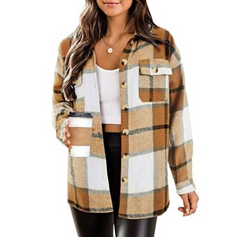 Zeagoo Women Long Sleeve Flannel Plaid Shacket Coat Drop Shoulder Boyfriend Comfy Jacket