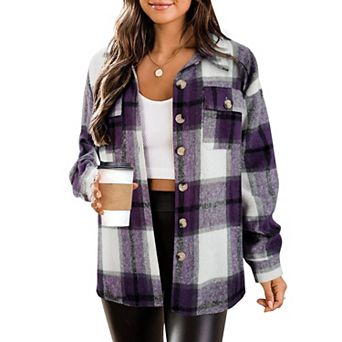 Zeagoo Women Long Sleeve Flannel Plaid Shacket Coat Drop Shoulder Boyfriend Comfy Jacket