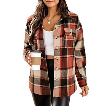 Zeagoo Women Long Sleeve Flannel Plaid Shacket Coat Drop Shoulder Boyfriend Comfy Jacket