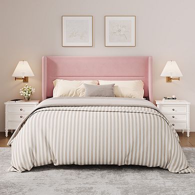 Velvet Bed Frame with Wingback Headboard, Upholstered Platform Bedframe with Wood Slats