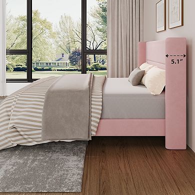 Velvet Bed Frame with Wingback Headboard, Upholstered Platform Bedframe with Wood Slats