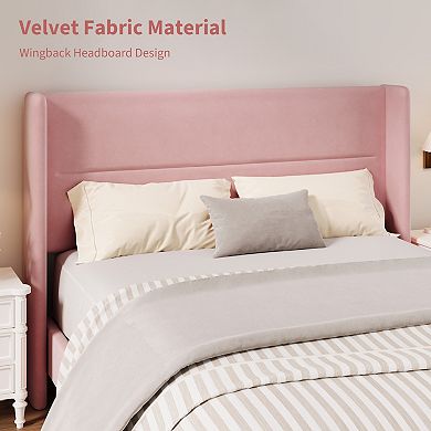 Velvet Bed Frame with Wingback Headboard, Upholstered Platform Bedframe with Wood Slats