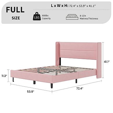 Velvet Bed Frame with Wingback Headboard, Upholstered Platform Bedframe with Wood Slats