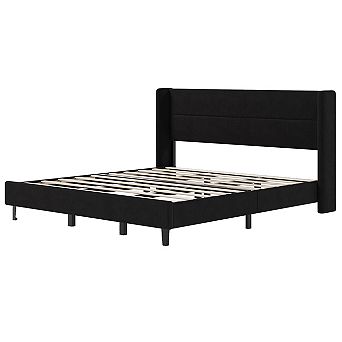 Velvet Bed Frame with Wingback Headboard, Upholstered Platform Bedframe with Wood Slats
