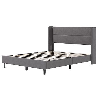 Velvet Bed Frame with Wingback Headboard, Upholstered Platform Bedframe with Wood Slats