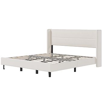 Velvet Bed Frame with Wingback Headboard, Upholstered Platform Bedframe with Wood Slats