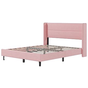 Velvet Bed Frame with Wingback Headboard, Upholstered Platform Bedframe with Wood Slats