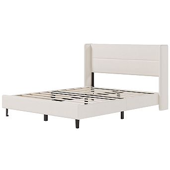 Velvet Bed Frame with Wingback Headboard, Upholstered Platform Bedframe with Wood Slats
