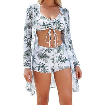 3 pc Tropical Print Swimsuit Set, Drawstring Bikini with Shorts & Sheer Cover Up
