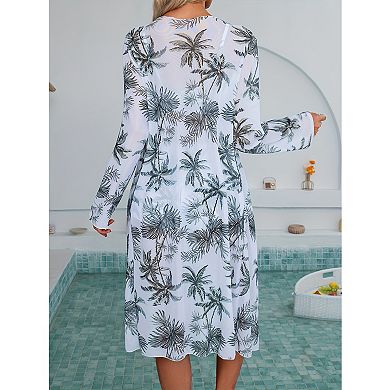 3 Piece Tropical Print Swimsuit Set, Drawstring Bikini with Shorts & Sheer Cover Up