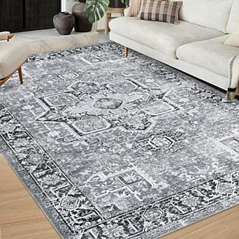 Area Rug Washable Rug Living Room Rug Vintage Medallion Distressed Rug Ultra-Thin Non Slip