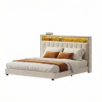 Bed Frame with Button Headboard, Upholstered Bed Frame with LED Light and Charging Station