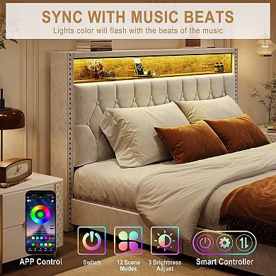Bed Frame with Button Headboard, Upholstered Bed Frame with LED Light and Charging Station