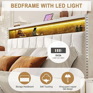 Bed Frame with Button Headboard, Upholstered Bed Frame with LED Light and Charging Station