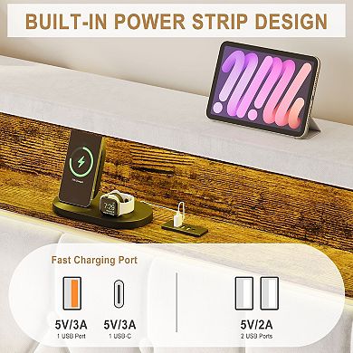 Bed Frame with Button Headboard, Upholstered Bed Frame with LED Light and Charging Station