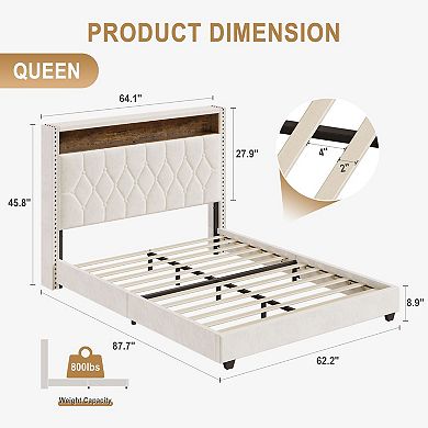 Bed Frame with Button Headboard, Upholstered Bed Frame with LED Light and Charging Station