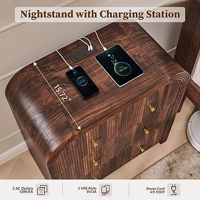 Modern 3 Drawer End Table with Charging Station, Curved Design Side Table for Bedroom Living Room