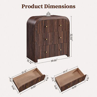 Modern 3 Drawer End Table with Charging Station, Curved Design Side Table for Bedroom Living Room