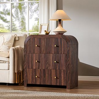 Modern 3 Drawer End Table with Charging Station, Curved Design Side Table for Bedroom Living Room