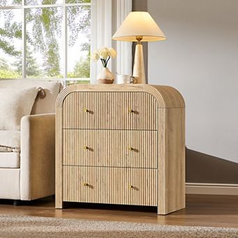 Modern 3 Drawer End Table with Charging Station, Curved Design Side Table for Bedroom Living Room