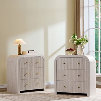 Modern 3 Drawer Nightstands with Charging Station, Curved Design Side Table for Bedroom Living Room