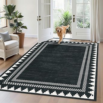 Modern Geometric Machine Washable Rug with Non Slip Backing Low Pile Non Shedding Floor Covering