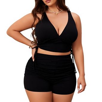 Plus Size Ribbed Halter Tankini Swimsuit 2 pc with Boyshort Bathing Suit