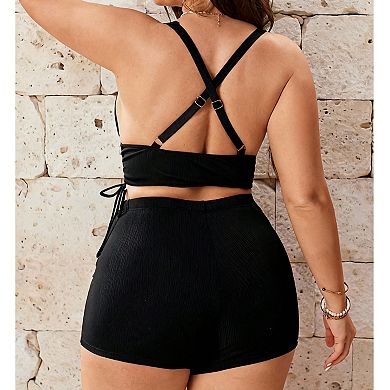Plus Size Ribbed Halter Tankini Swimsuit 2 Piece with Boyshort Bathing Suit