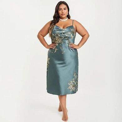 Women's Plus Size Satin Floral Slip Nightgown with Adjustable Spaghetti Straps Cowl Neck Midi Length