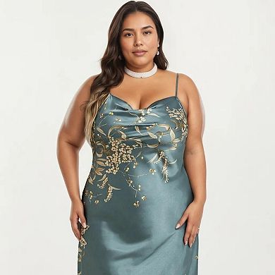 Women's Plus Size Satin Floral Slip Nightgown with Adjustable Spaghetti Straps Cowl Neck Midi Length