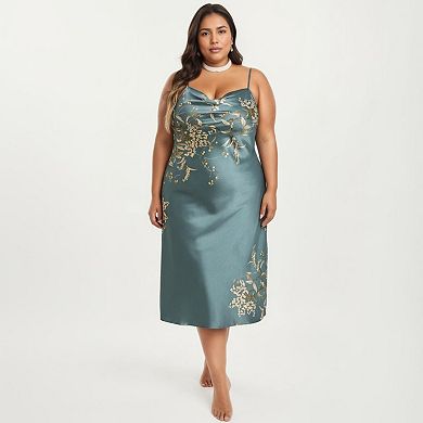 Women's Plus Size Satin Floral Slip Nightgown with Adjustable Spaghetti Straps Cowl Neck Midi Length