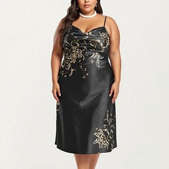 Women's Plus Size Satin Floral Slip Nightgown with Adjustable Spaghetti Straps Cowl Neck Midi Length