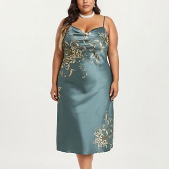Women's Plus Size Satin Floral Slip Nightgown with Adjustable Spaghetti Straps Cowl Neck Midi Length