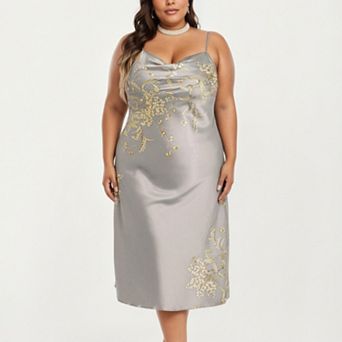 Women's Plus Size Satin Floral Slip Nightgown with Adjustable Spaghetti Straps Cowl Neck Midi Length