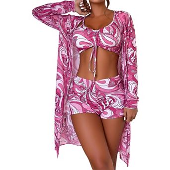 Women's 3 pc Swimsuit, Ruched Crop Top and Shorts with Long Sleeve Cover Up, Beach Bathing Suit
