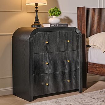 Modern 3 Drawer Nightstand w/ Charging Station, Curved Design Bedside Table for Bedroom Living Room